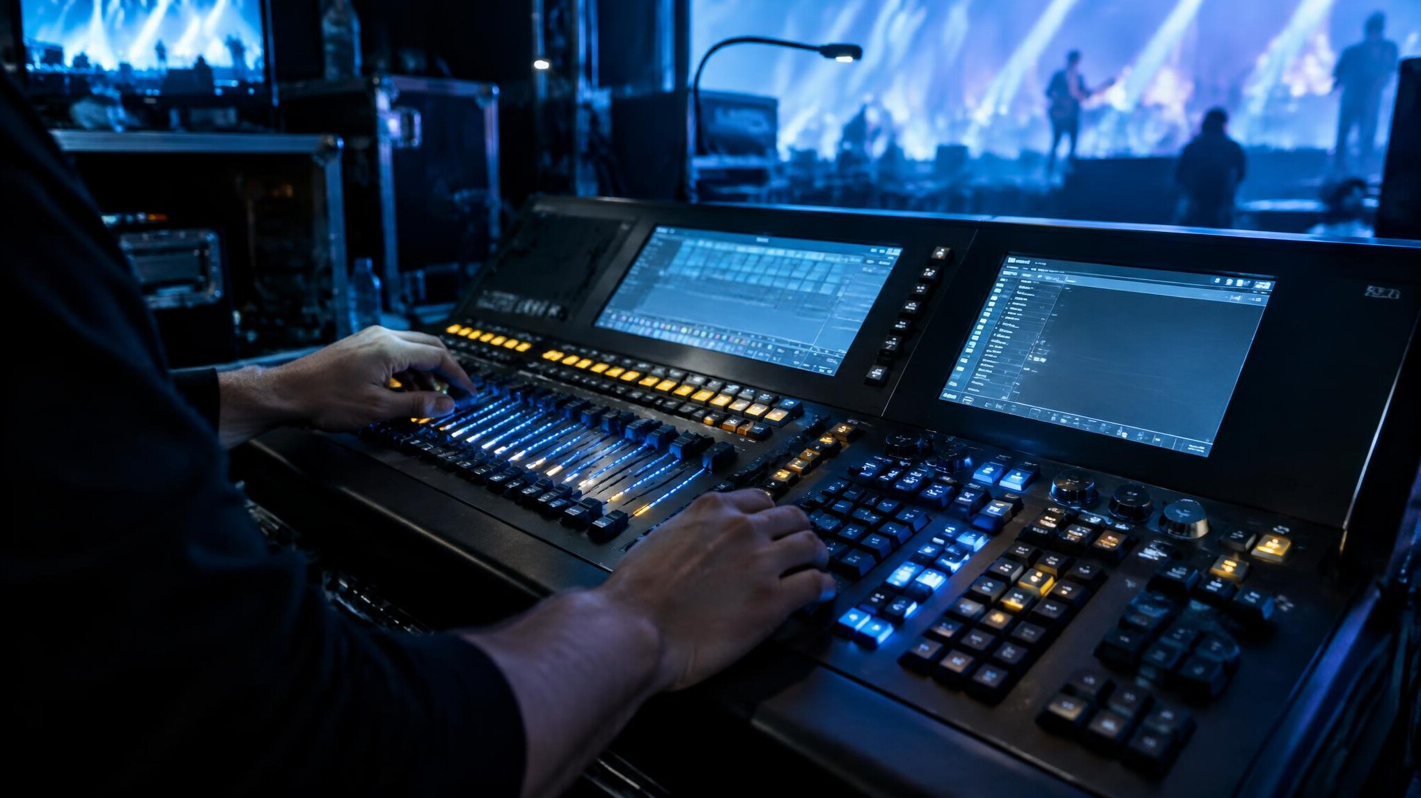 Lighting control console operated during a live show