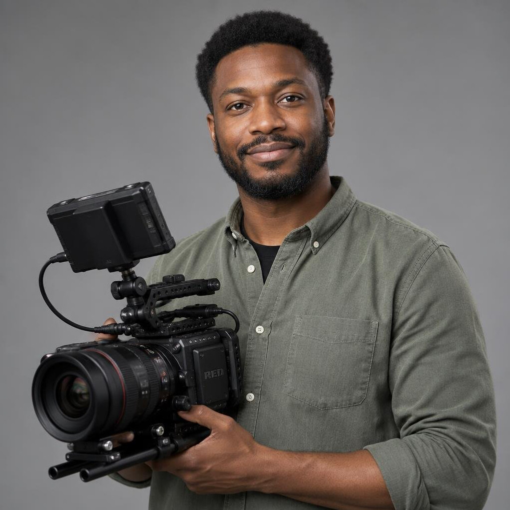 Male camera instructor holding a cinema camera